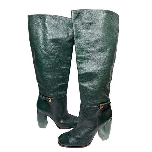 Tory Burch Tall Boots Banana Heel Size 8.5 Fern Green Leather Cap Toe NEW‎ - Picture 1 of 13